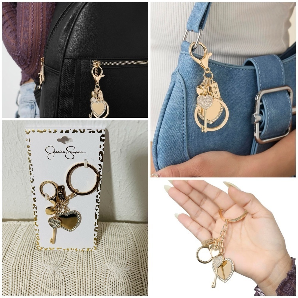 Jessica Simpson New Pave Crystal Heart and Key Keychain Bag Charm Accessory